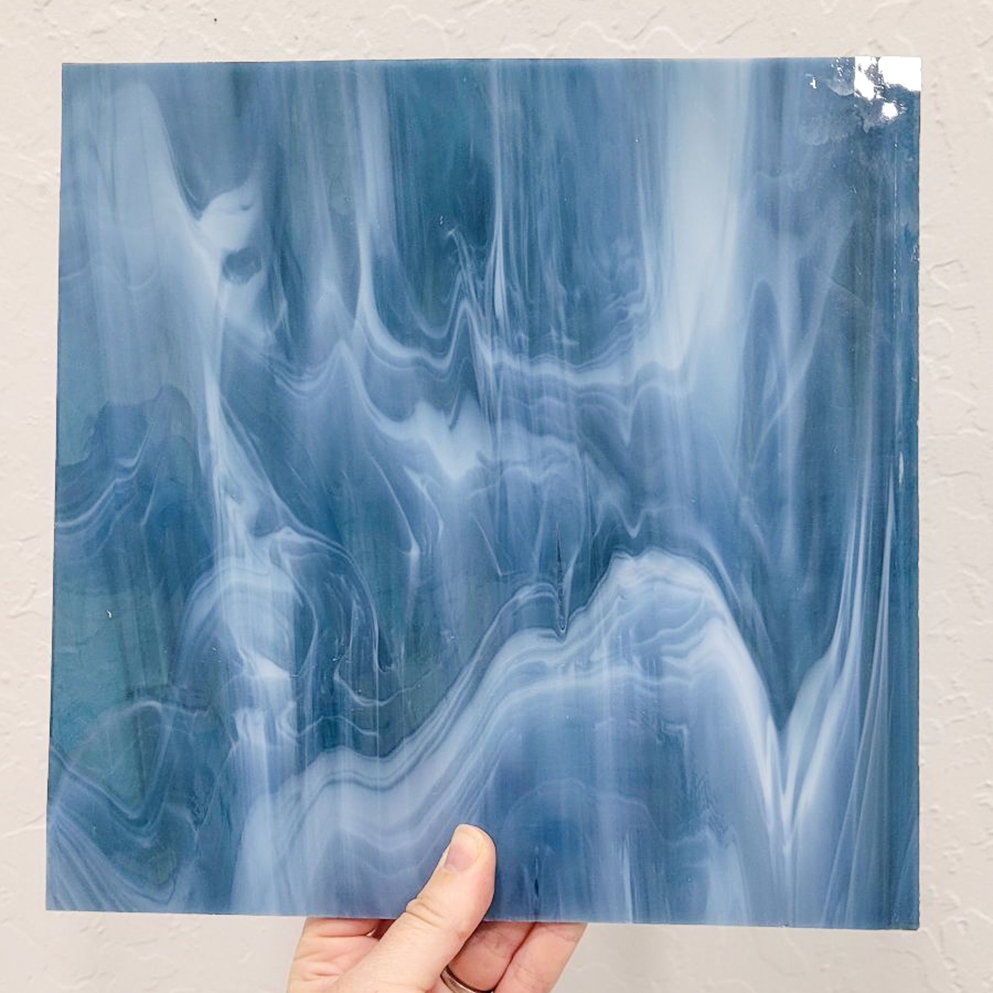 Steel Blue White Wispy Stained Glass Sheet Supply