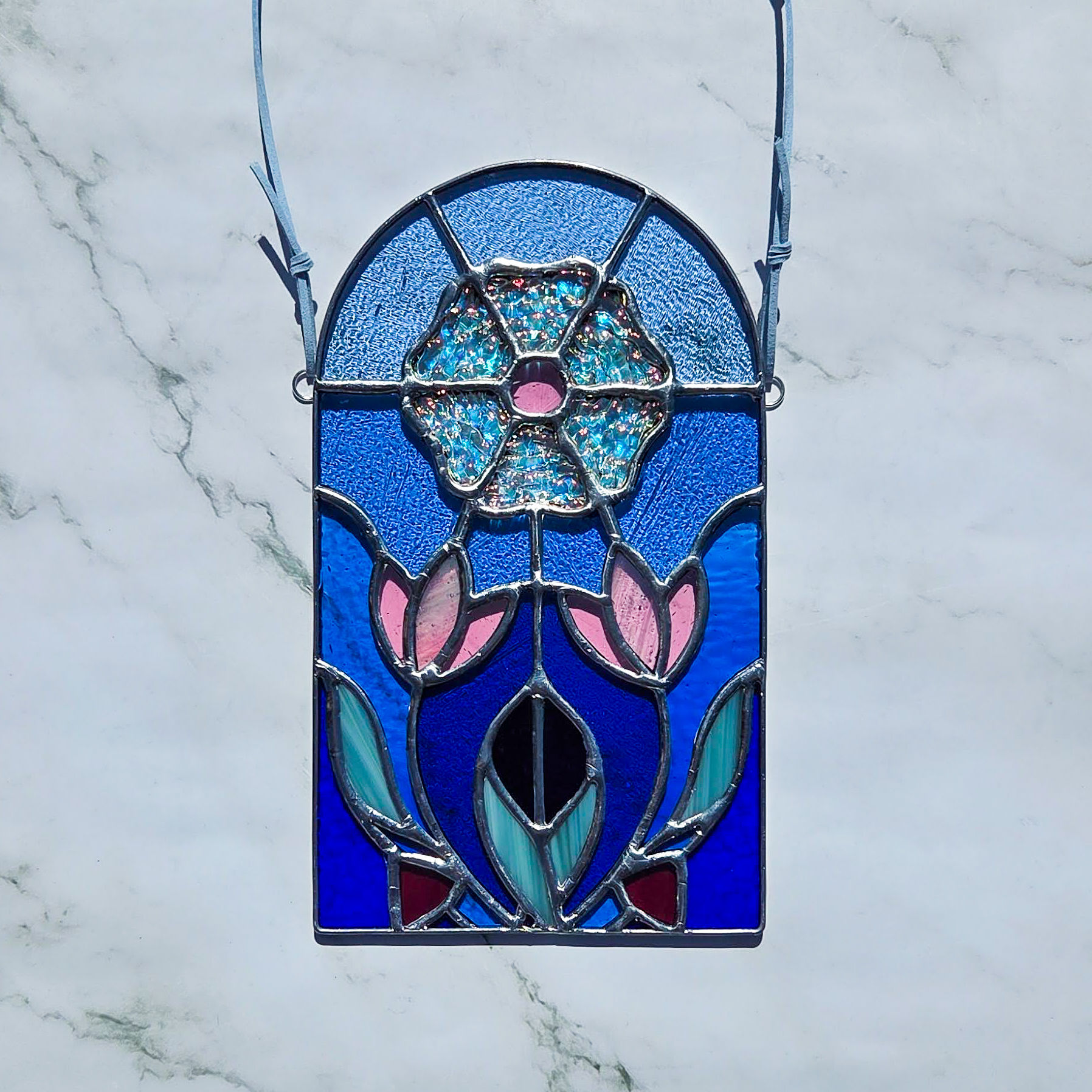 Stained Glass Suncatcher Blue Ombre Pink Dicro Flowers Glass