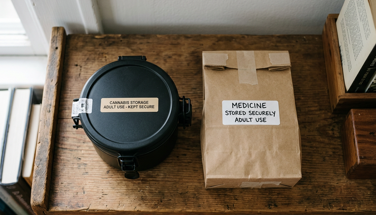 Overhead view of a sealed cannabis storage container beside a labelled paper bag on a shelf