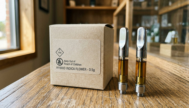 Brown cannabis box labeled THC, Keep Out of Reach of Children, Hybrid Indica Flower - 3.5g, beside two vape cartridges on wood table.