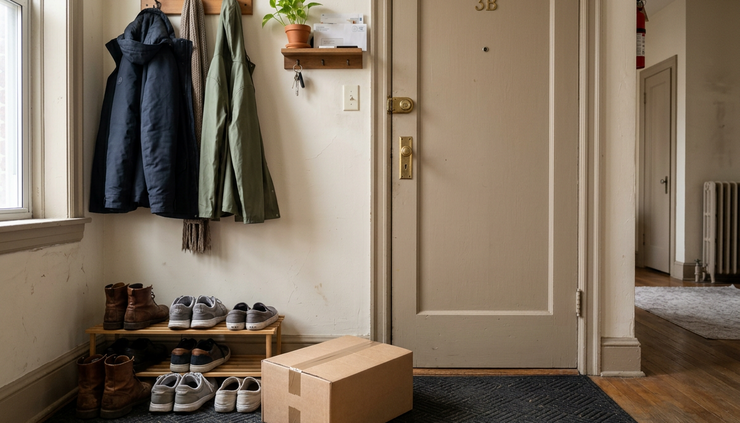 Wide-angle view of a small entryway with a plain parcel placed safely near the door