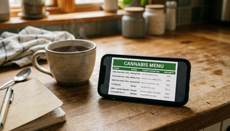 Close-up view of a phone displaying a cannabis product menu beside a cup of tea