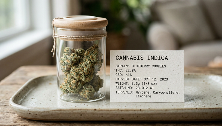 Close-up view of a sealed cannabis container beside a small information card