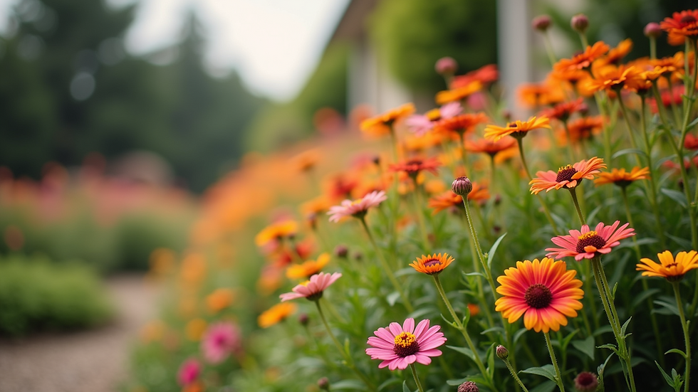 Wide angle view of a vibrant garden filled with colorful flowers