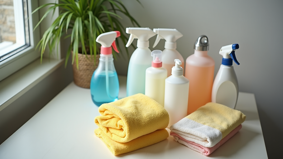 High angle view of cleaning supplies arranged on a table