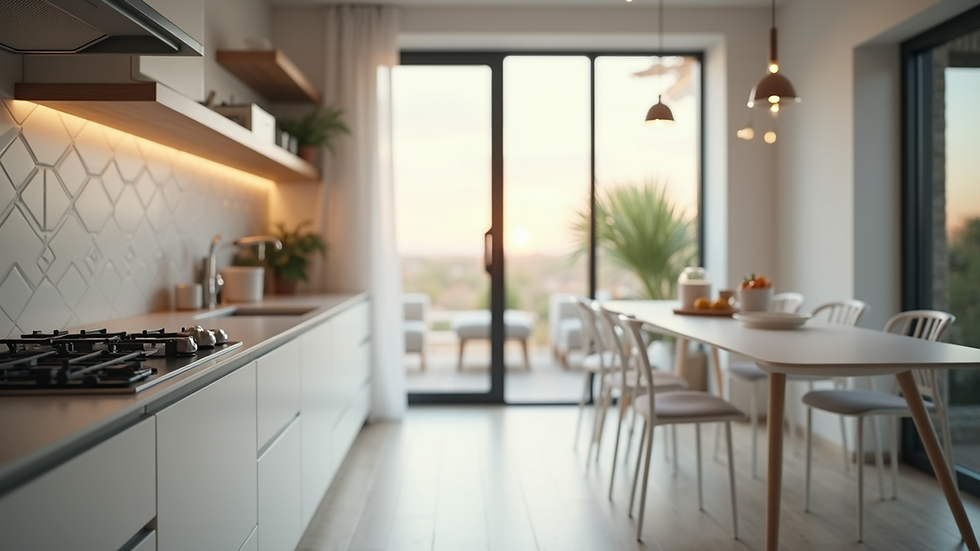 Eye-level view of a freshly cleaned modern kitchen in a vacation rental