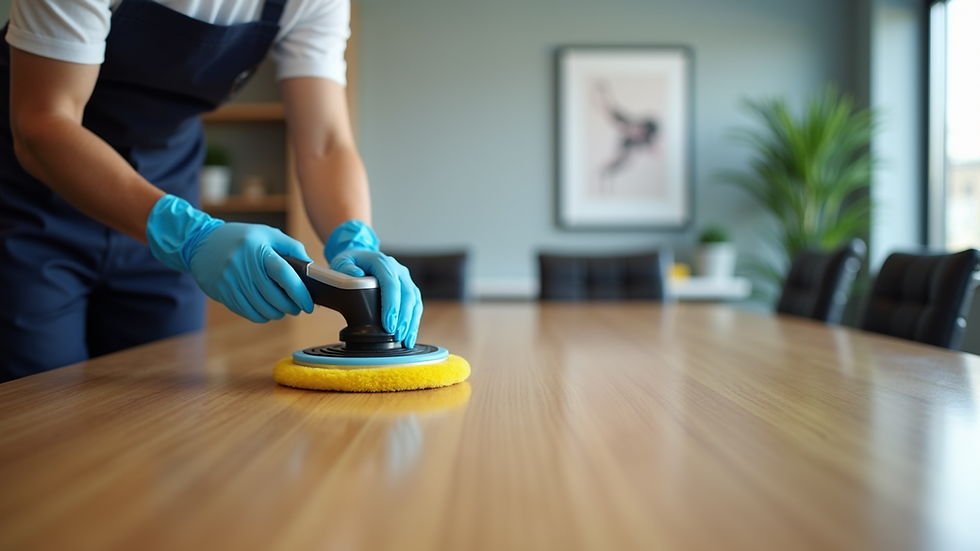 Close-up view of a professional cleaner polishing a wooden conference table