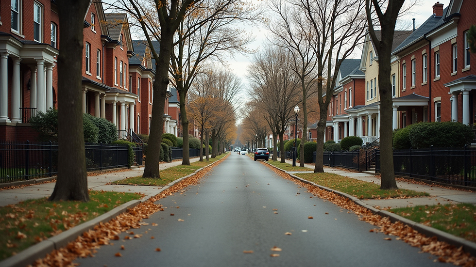 Eye-level view of a charming Louisville neighborhood street with historic homes