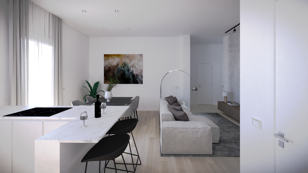 Render della cucina con isola e zona living open space, progetto Casa Esse a Sassuolo.