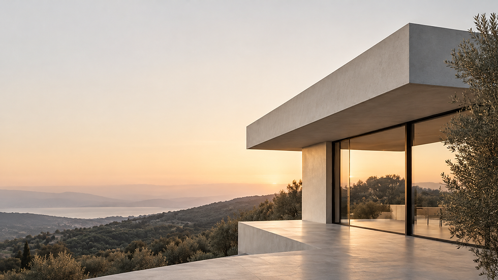 Casa moderna al tramonto tra ulivi e colline.png