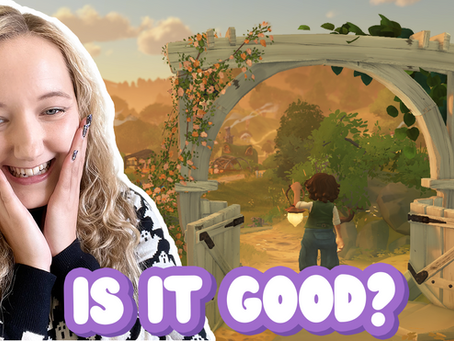 YouTube thumbnail showing a woman with curly blonde hair gushing over the game Tales of the Shire. On the screen are the words "Is it good?" in purple text