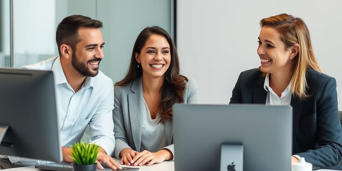 group of happy corporate professional working on computer in a meeting room. they are look