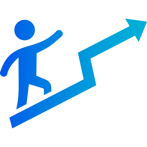 Person ascending a blue upward trending arrow graph