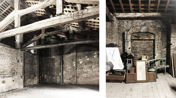 Camera da letto contemporanee Tetto in legno Arredo in legno su misura pareti faccia a vista mattoni pavimento in resina Ex fienile Cocchi, distilleria Cocchi, restauro Reggio emilia SBAR andrea salonia architetto