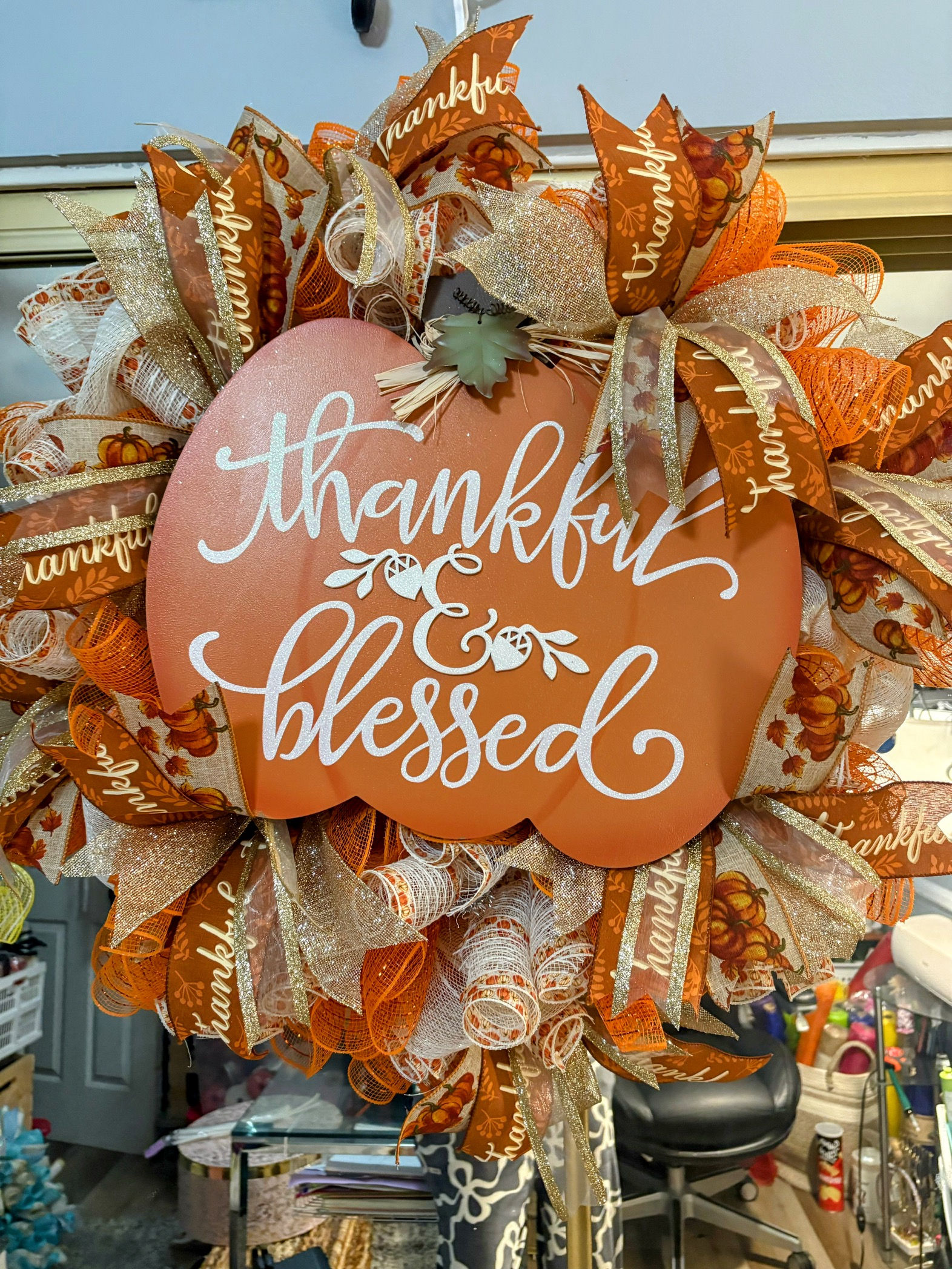 Thankful & Blessed Fall Pumpkin Wreath - Autumn Door Decor