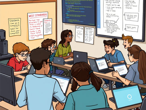 High school students (diverse, engaged) work collaboratively on laptops and tablets in a modern computer lab or flexible classroom. Some students discuss ideas animatedly; others prototype on screens. Large monitors display code, design mockups, or app interfaces. Visible whiteboards show design sketches and problem statements. Professional, focused atmosphere—not casual. West Virginia standards visible on wall. Students appear to be solving real problems, not following a worksheet. Energy and purpose evident.