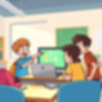 K-5 elementary students gathered around a laptop in a bright, modern classroom, looking engaged and excited as they watch an app come to life on the screen. One student is pointing at the monitor, another is smiling, and a teacher stands nearby observing.