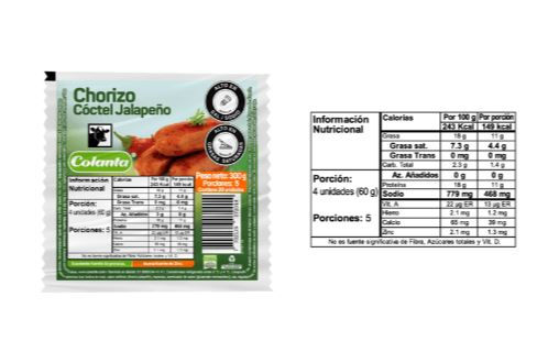 Miniatura: Información nutricional Chorizo Tipo Coctel Jalapeño Premium x 300 g