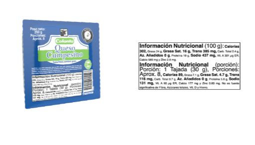 Información nutricional Queso Campesino x 250 g