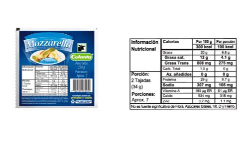 Información nutricional Queso Mozzarella Tajado x 250 g