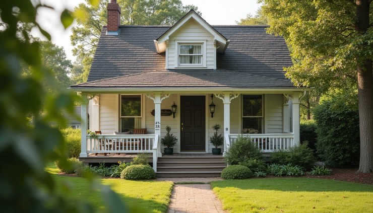 High angle view of a quaint cottage with a wrap-around porch in Princeton