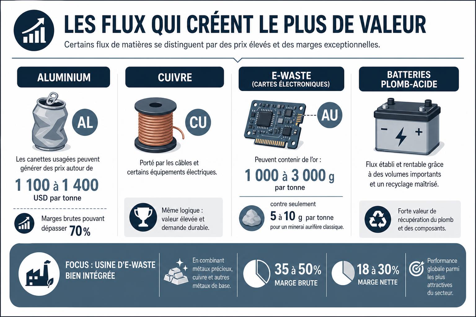 Schéma des flux de déchets les plus rentables : aluminium, cuivre, e-waste et batteries, avec prix, teneurs en or et marges clés.