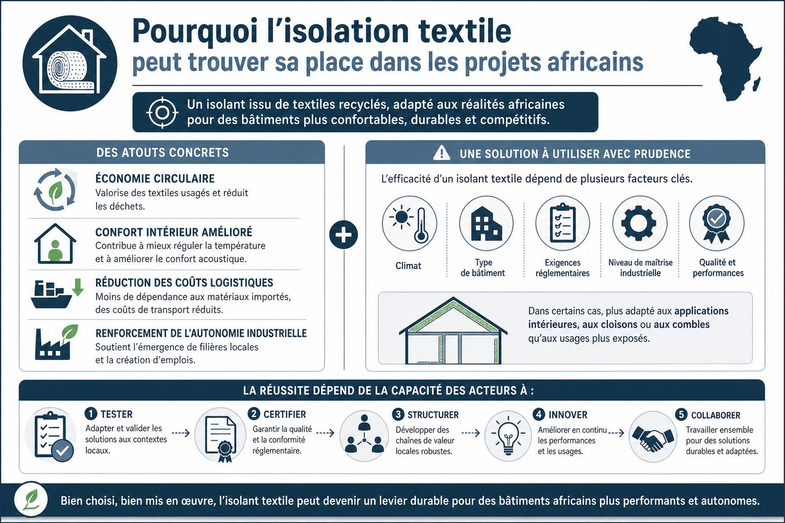 Schéma expliquant que l’isolant textile soutient l’économie circulaire, réduit les importations et convient surtout aux usages intérieurs selon le climat et le bâtiment.