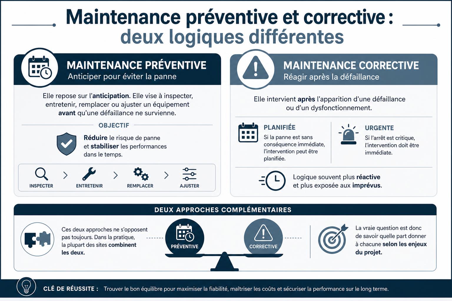 Schéma horizontal comparant la maintenance préventive, avant panne, et la corrective, après défaillance, avec leurs étapes et leur complémentarité.