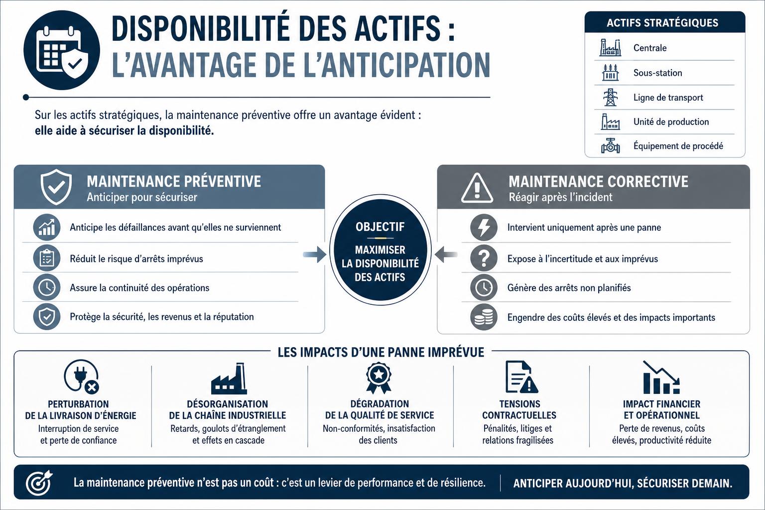 Schéma comparant maintenance préventive et corrective sur des actifs stratégiques, avec la disponibilité sécurisée d’un côté et le risque de panne de l’autre.