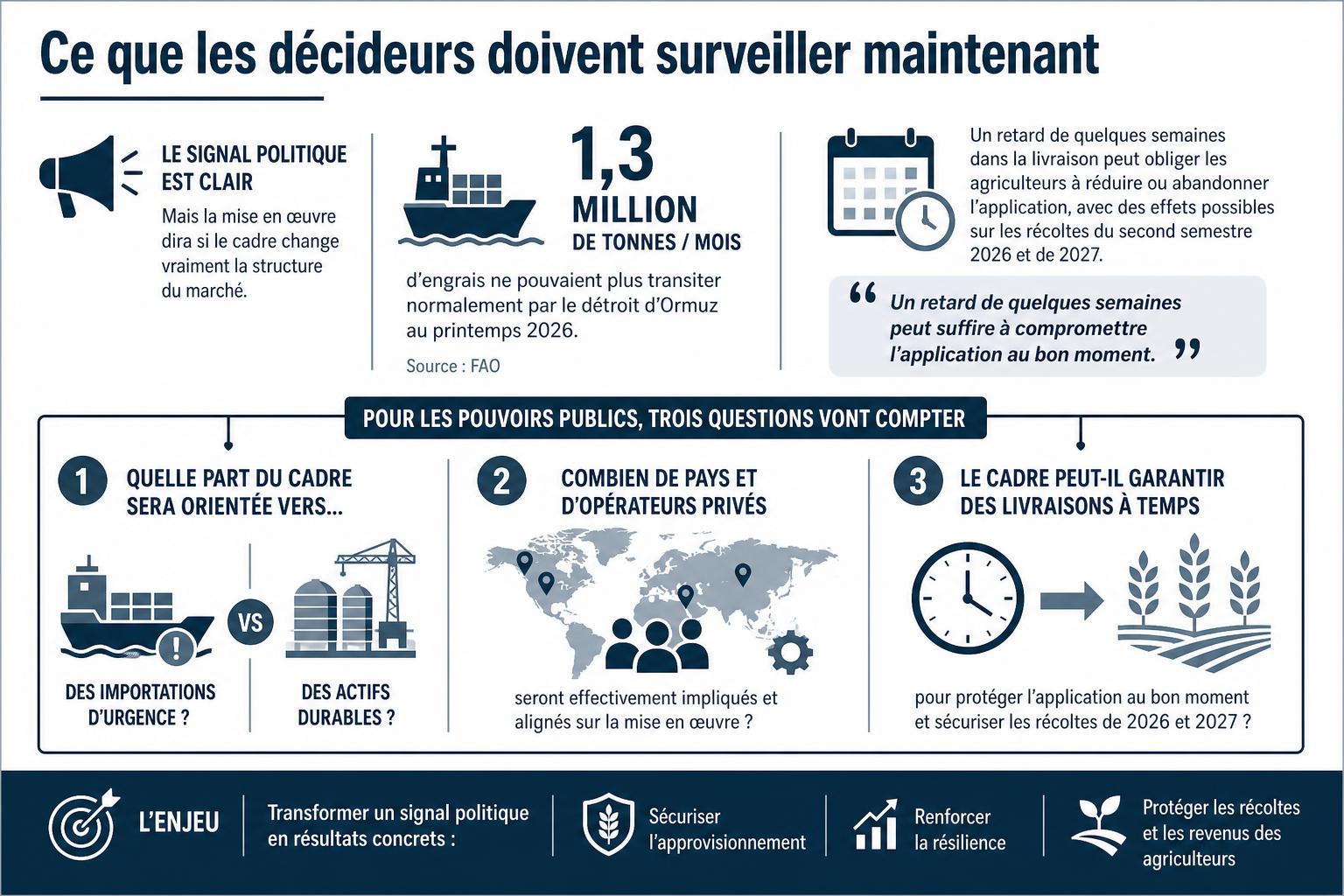 Schéma des risques à surveiller: flux d’engrais via Ormuz, retard de livraison, impact sur les récoltes 2026-2027 et arbitrages publics.