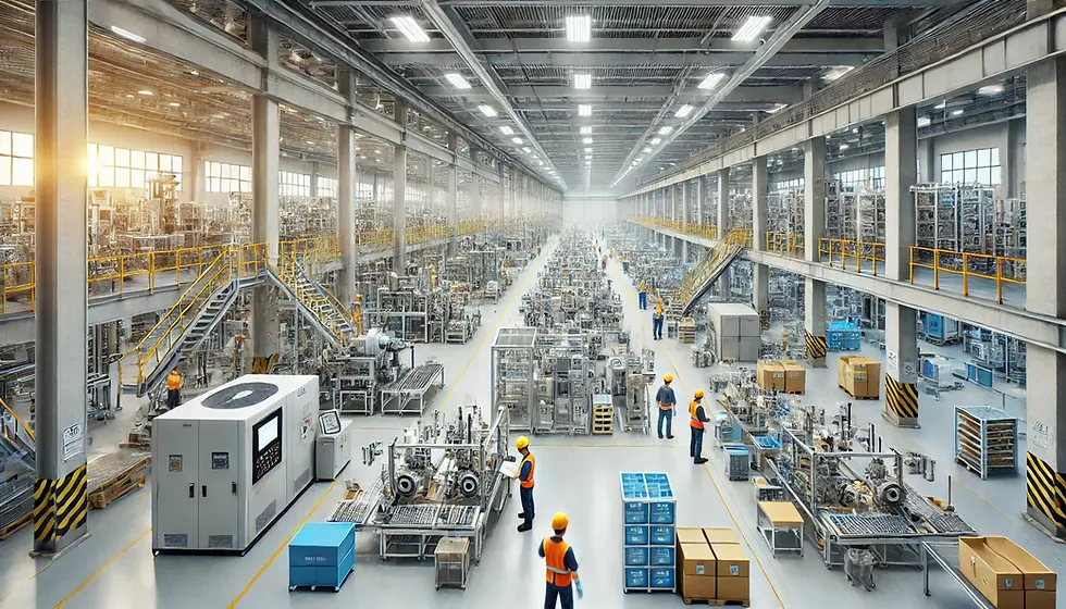 Une usine clé en main moderne avec des machines automatisées et des lignes de production. Des travailleurs en tenue de sécurité surveillent les processus, illustrant l'efficacité et l'organisation d'une installation industrielle prête à l'emploi.
