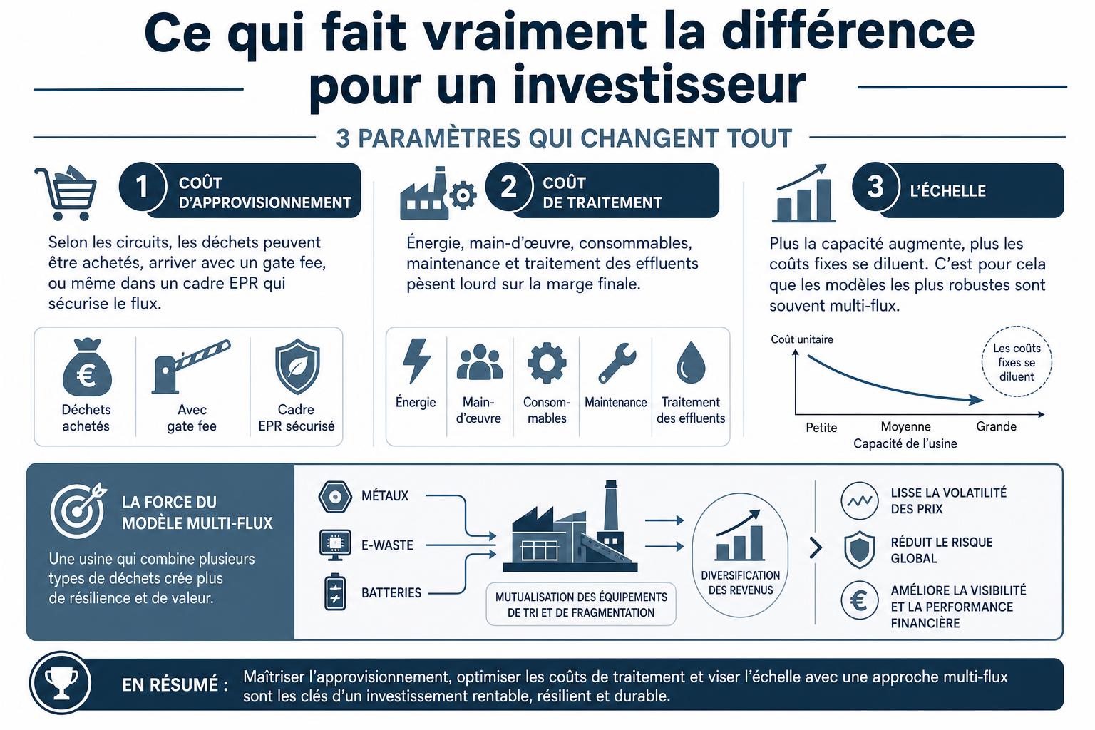 Schéma des 3 leviers de rentabilité d’une usine de recyclage : coût d’approvisionnement, coût de traitement et effet d’échelle, avec modèle multi-flux.