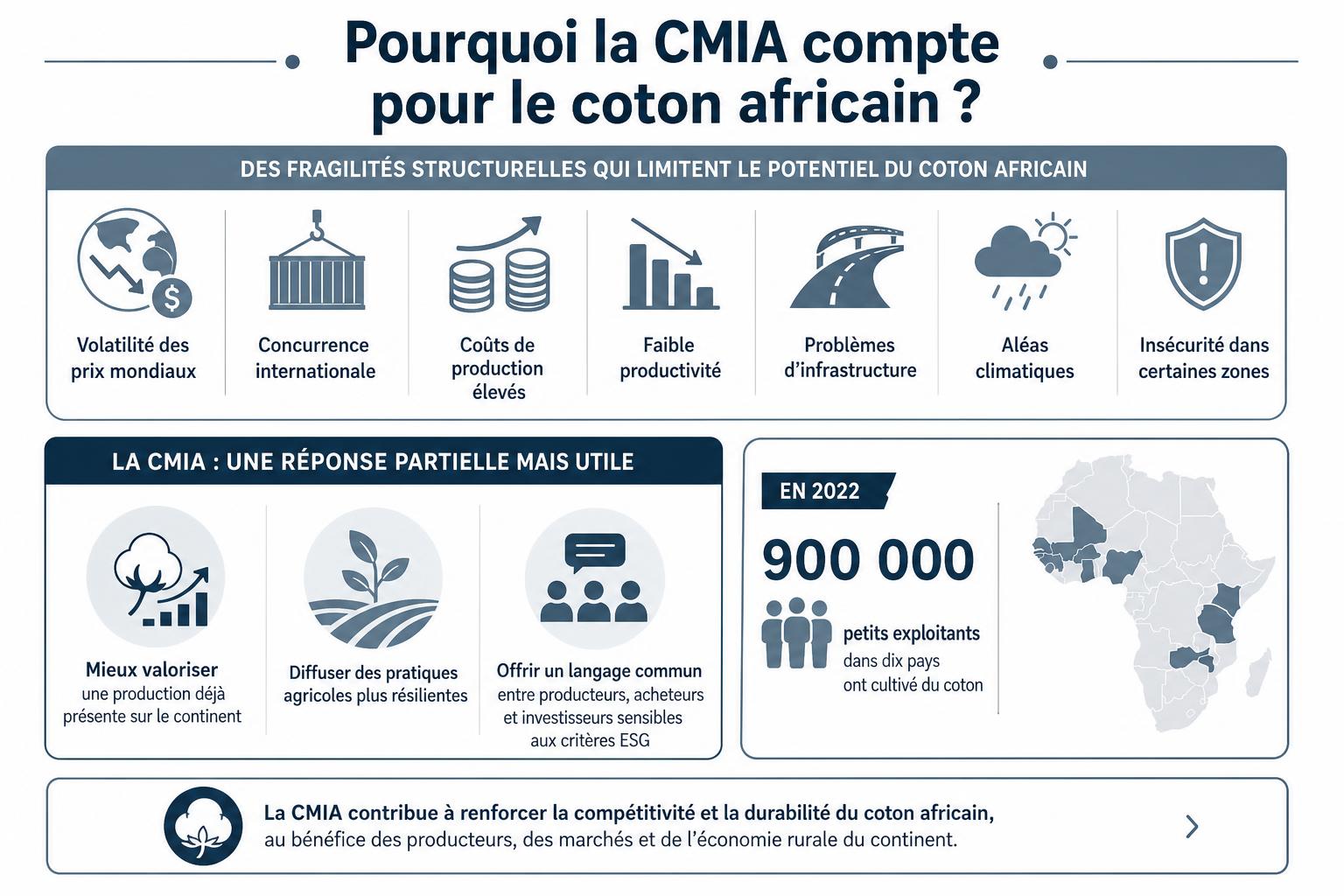 Schéma montrant les fragilités du coton africain et le rôle de la CMIA : valorisation, pratiques plus résilientes et langage commun ESG.