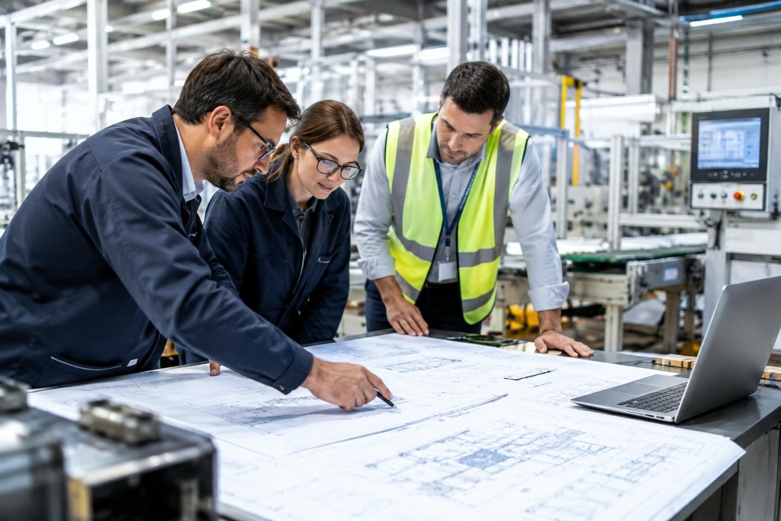 Ingénieurs préparant le cahier des charges d'une ligne de production industrielle