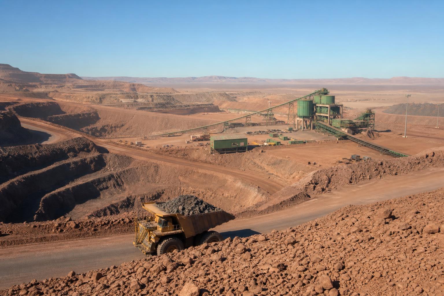 Vue d’une mine de fer en Algérie dans un paysage désertique