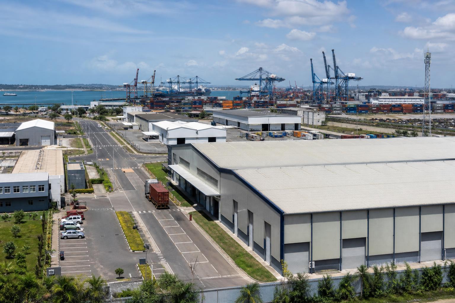 Vue d’un parc industriel proche du port de Mombasa avec entrepôts et logistique portuaire.