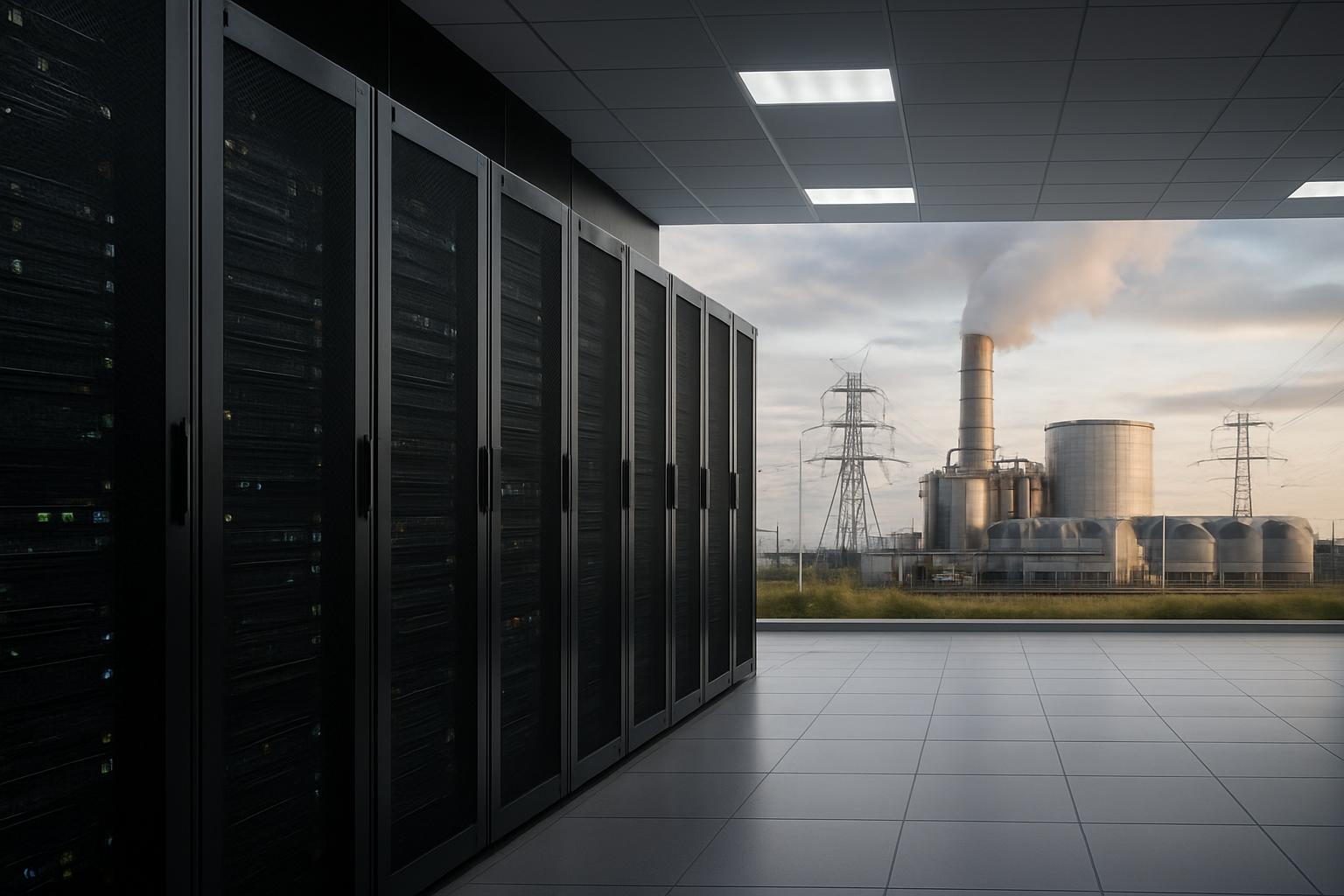 Data center et centrale à gaz en arrière-plan