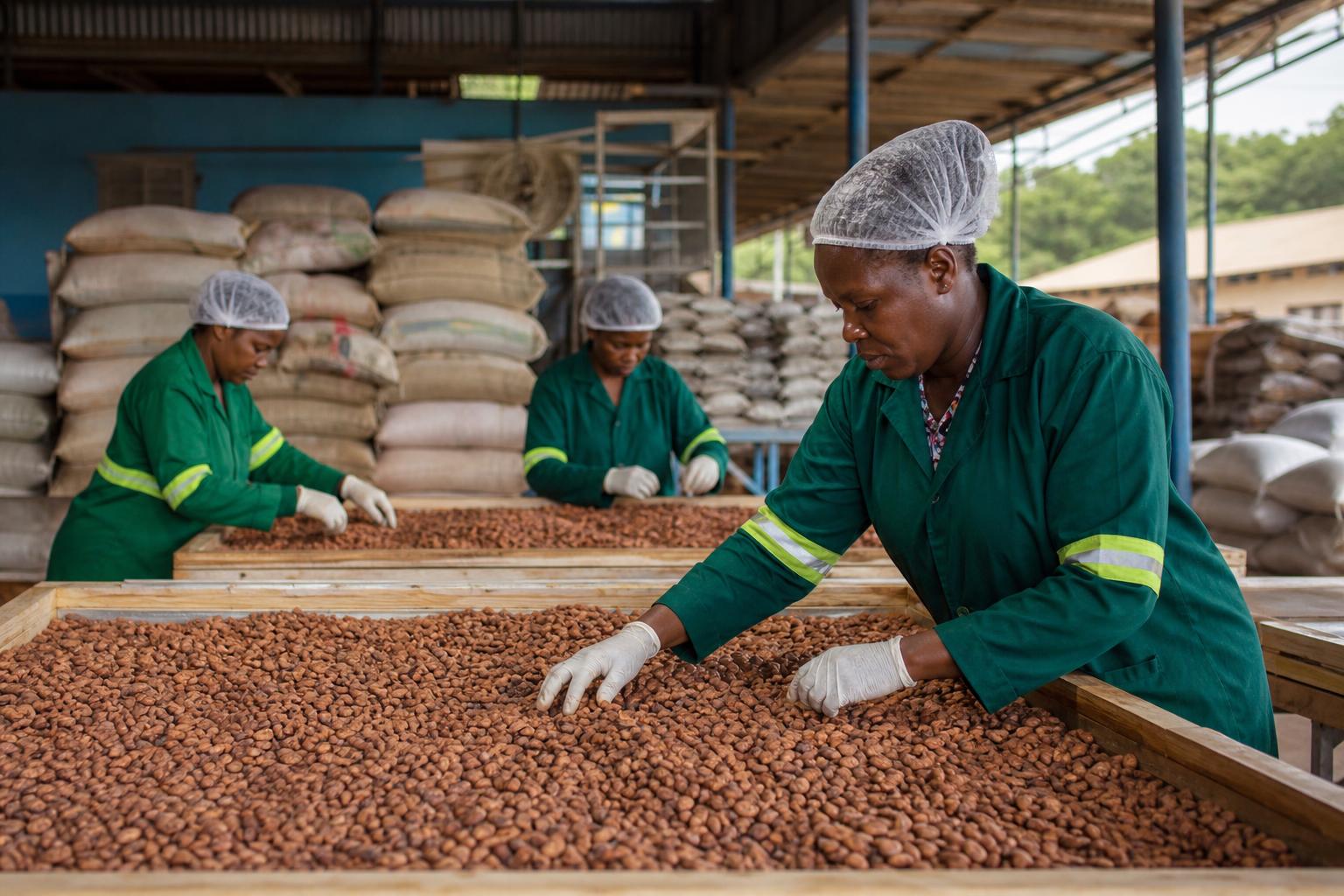 Vue d’une unité de transformation agroalimentaire en Sierra Leone avec des activités agricoles en arrière-plan