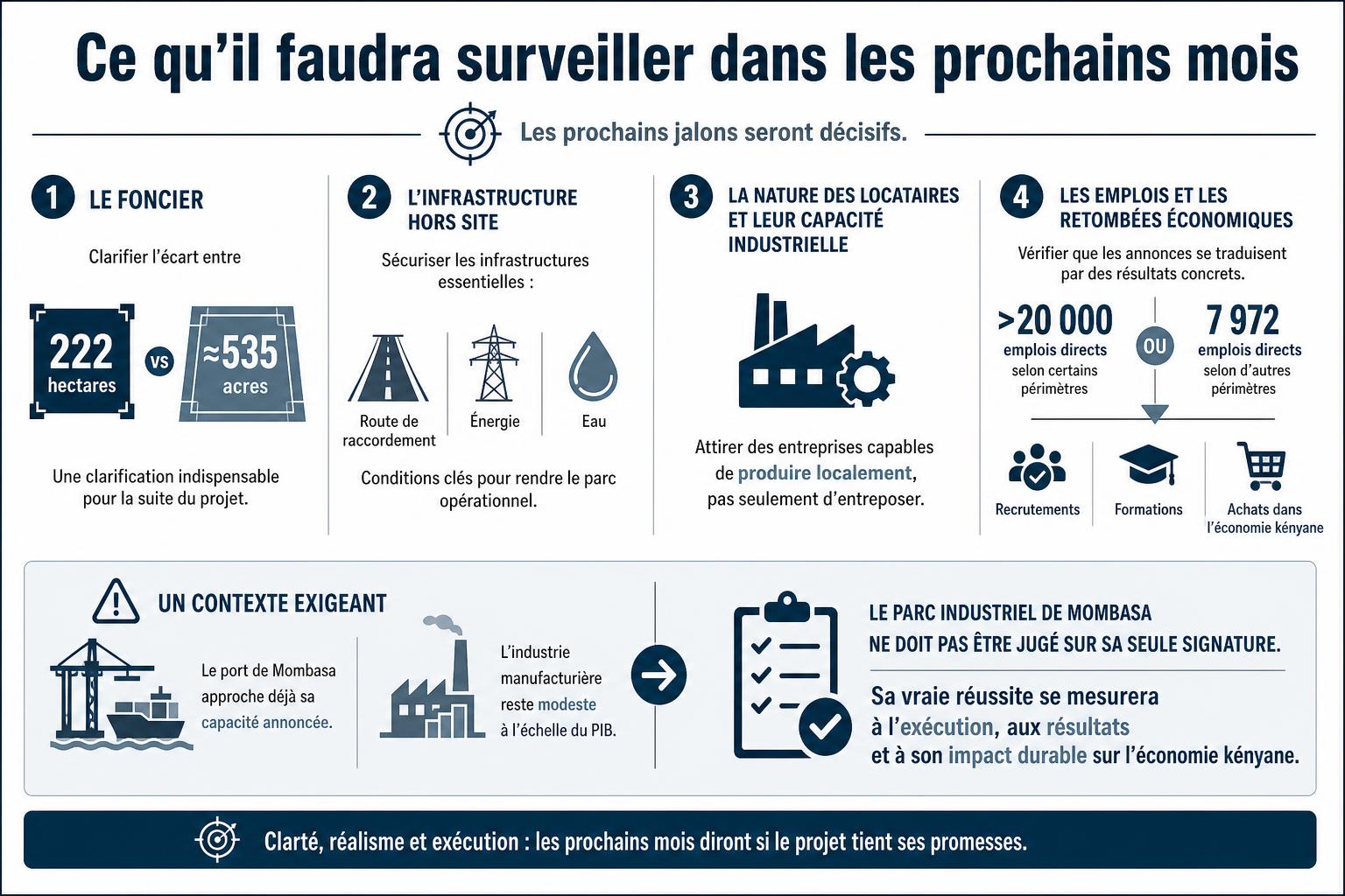 Schéma des points à surveiller pour le parc industriel de Mombasa : foncier, routes, énergie, eau, locataires, emplois et retombées locales.