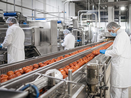 Intérieur d'une usine agroalimentaire moderne avec ligne de production.