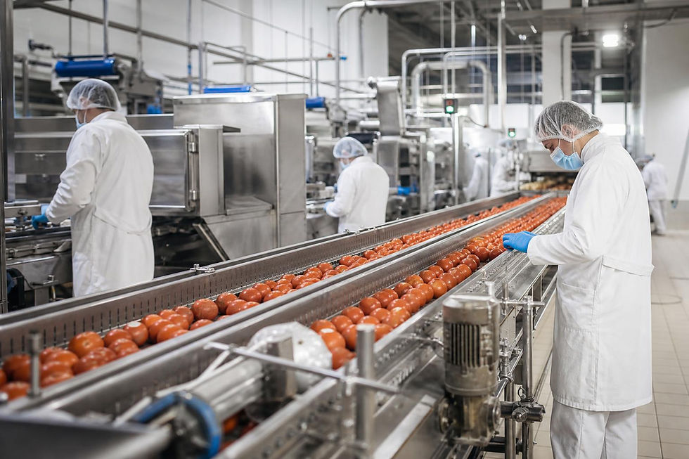 Intérieur d'une usine agroalimentaire moderne avec ligne de production.