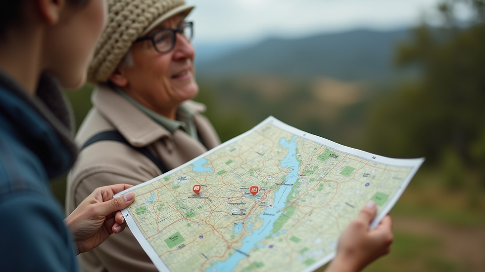 Close-up of a map and a guide pointing out tourist spots in Gramado