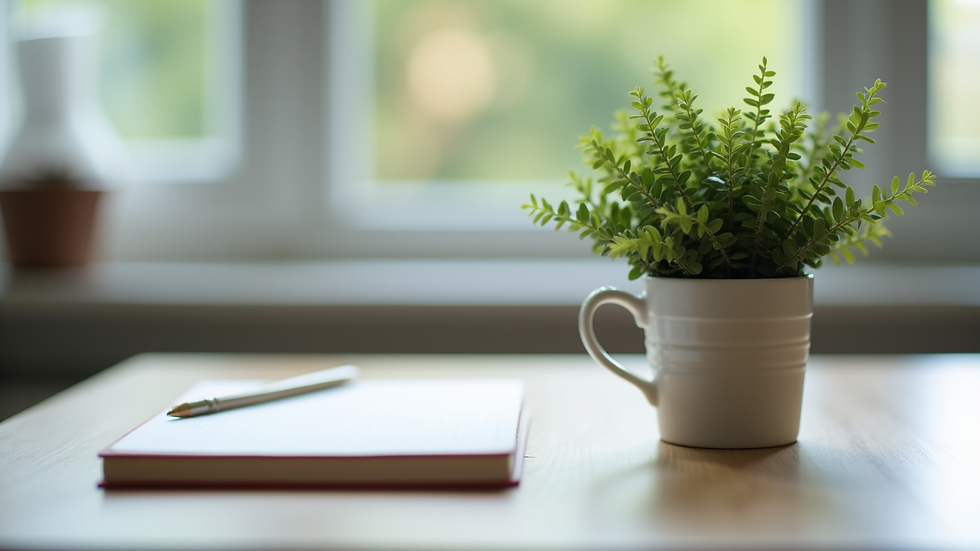 Eye-level view of a calm workspace with a plant and a notebook