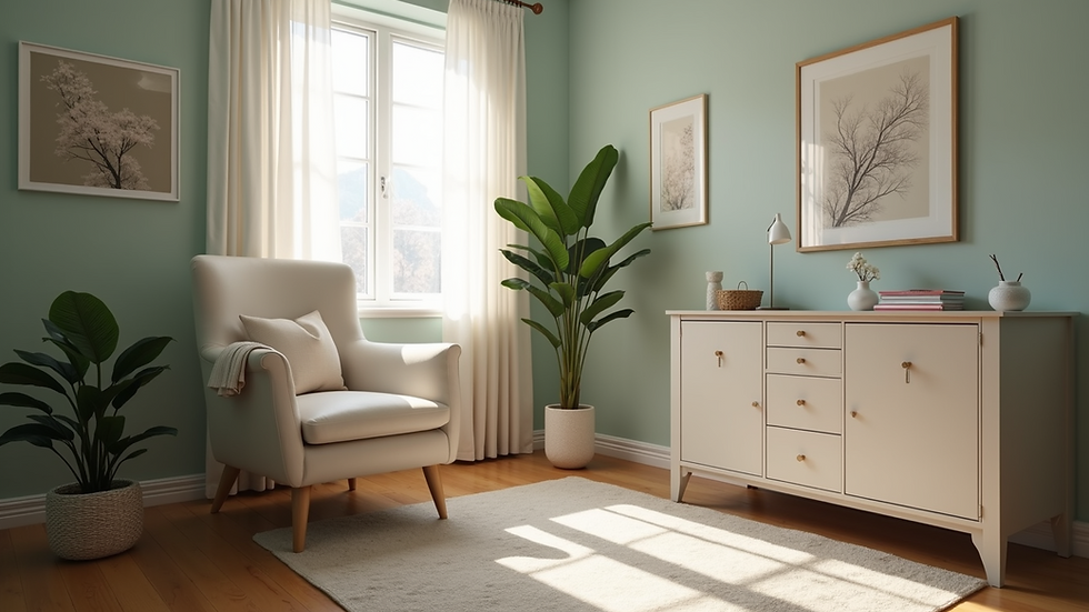 Eye-level view of a therapist's office with a comfortable chair and calming decor