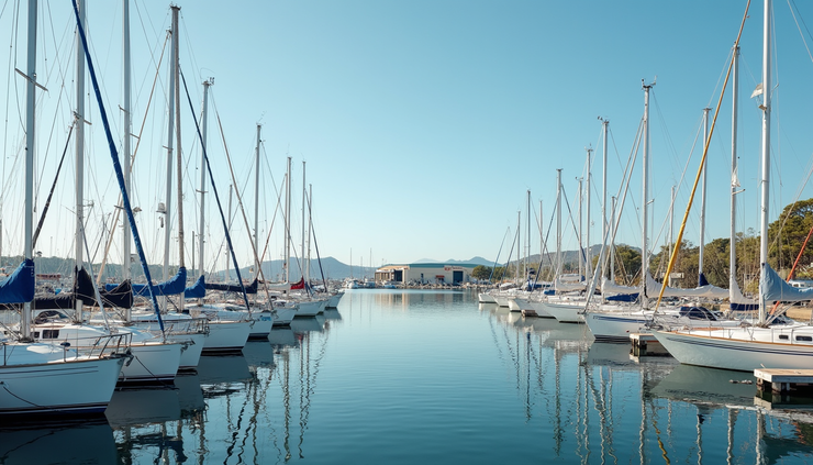 Eye-level view of marina Rubicon with moored sailboats and clear blue sky