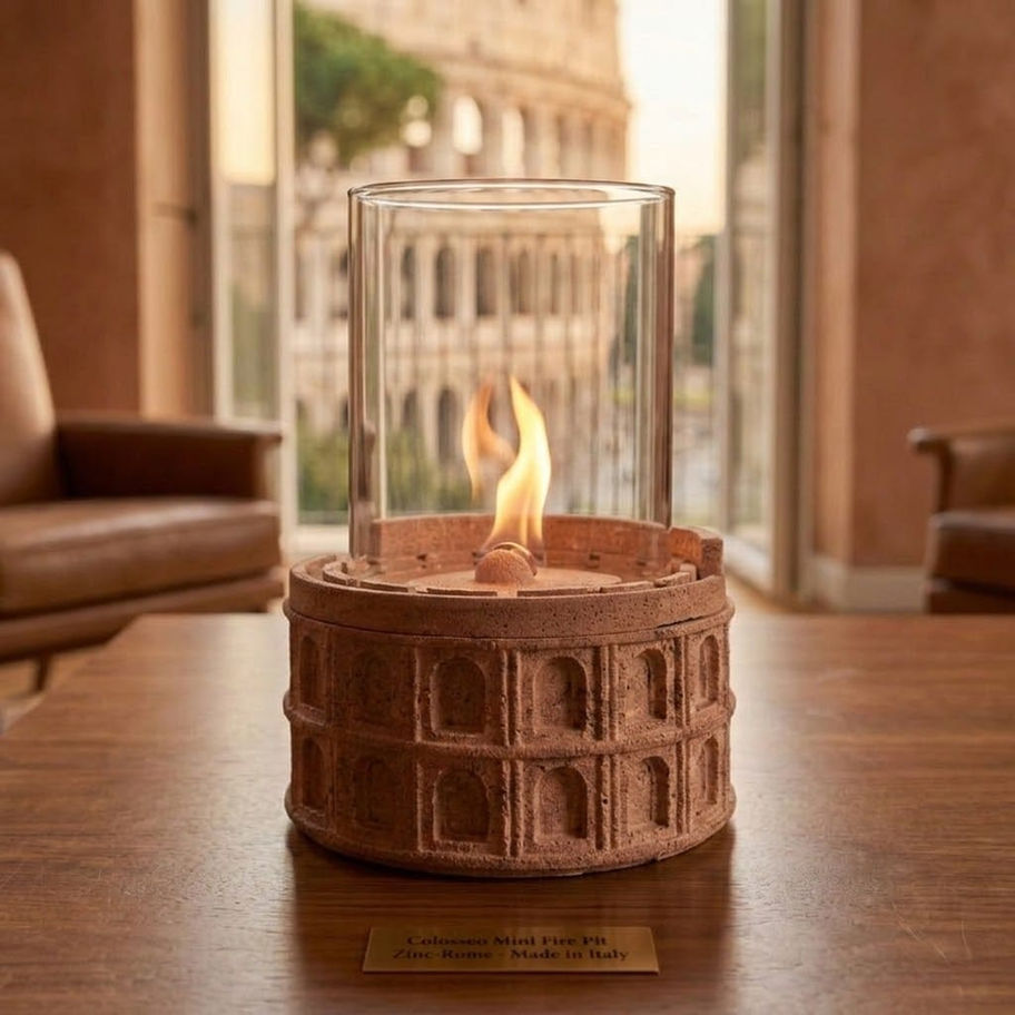 Kolezyum temalı bioetanol şömine, pencereden gerçek Kolezyum manzarasıyla.