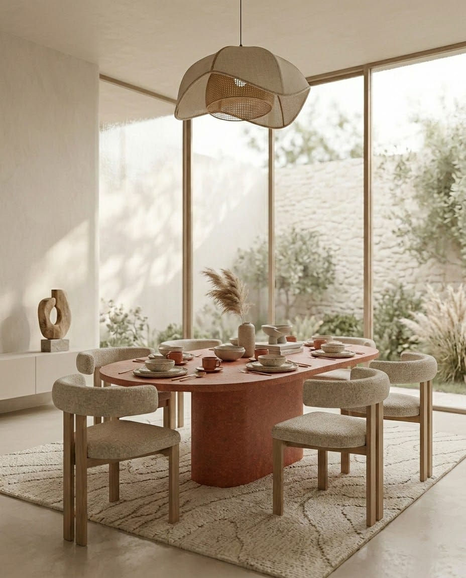 Şık modern yemek odası, terakota oval masa, bej sandalyeler, doğal manzaralı.