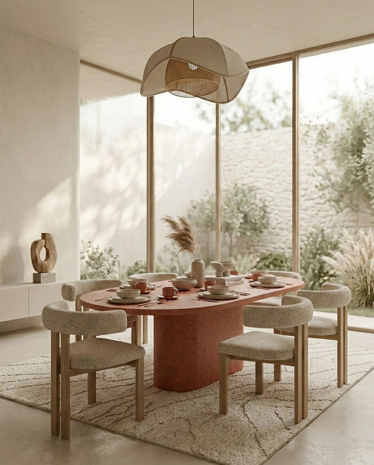 Şık modern yemek odası, terakota oval masa, bej sandalyeler, doğal manzaralı.