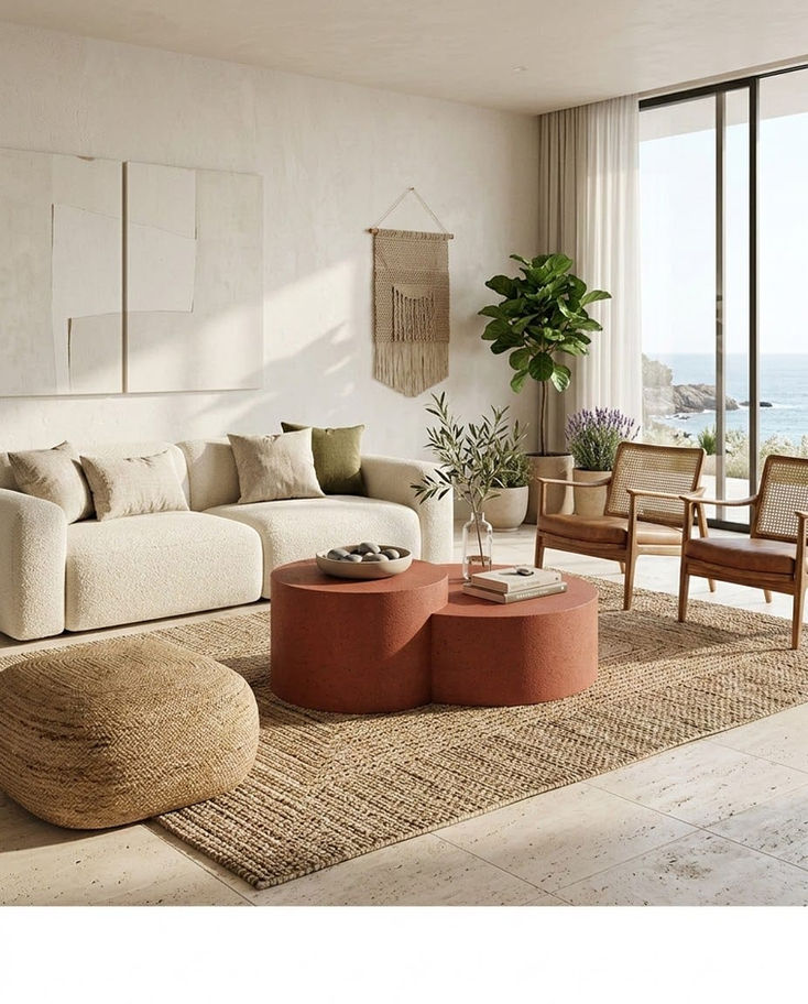 Modern oturma odası, krem koltuk, terakota sehpalar, hasır halı, deniz manzarası.