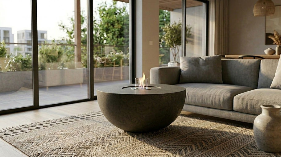 Modern oturma odasında, balkonlu şık beton ateş çukuru masası.